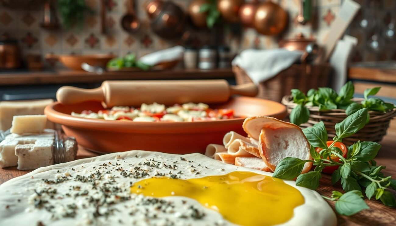 A close-up, high-definition image of the main ingredients used in the traditional fried pizza called "Pizz'e rann" from the Cilento region of Italy. Prominently featured in the foreground are freshly kneaded pizza dough, grated pecorino romano cheese, sliced pork ciccioli, a sprinkle of oregano, and a drizzle of golden olive oil. In the middle ground, a terracotta baking tray sits atop a rustic wooden table, with a rolling pin and a basket of fresh basil leaves nearby. The background is softly blurred, showcasing a glimpse of a traditional Italian kitchen with terracotta tiles and copper cookware hanging on the walls, creating a warm, authentic atmosphere. A close-up, high-definition image of the main ingredients used in the traditional fried pizza called "Pizz'e rann" from the Cilento region of Italy. Prominently featured in the foreground are freshly kneaded pizza dough, grated pecorino romano cheese, sliced pork ciccioli, a sprinkle of oregano, and a drizzle of golden olive oil. In the middle ground, a terracotta baking tray sits atop a rustic wooden table, with a rolling pin and a basket of fresh basil leaves nearby. The background is softly blurred, showcasing a glimpse of a traditional Italian kitchen with terracotta tiles and copper cookware hanging on the walls, creating a warm, authentic atmosphere.