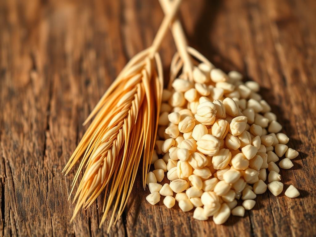 A close-up, high-resolution photograph of two distinct wheat varieties - durum wheat and soft wheat - displayed side by side on a rustic wooden surface. The durum wheat has a golden, amber hue with a sturdy, elongated kernel, while the soft wheat appears paler, with a more rounded, delicate grain. The lighting is natural, warm, and slightly diffused, casting gentle shadows that accentuate the tactile qualities of the grains. The image has a depth of field that keeps both varieties in sharp focus, inviting the viewer to closely examine and compare the unique characteristics of these two staple ingredients in Italian cuisine. The overall composition is simple, clean, and emphasizes the contrasting textures and tones of the hard and soft wheat samples.