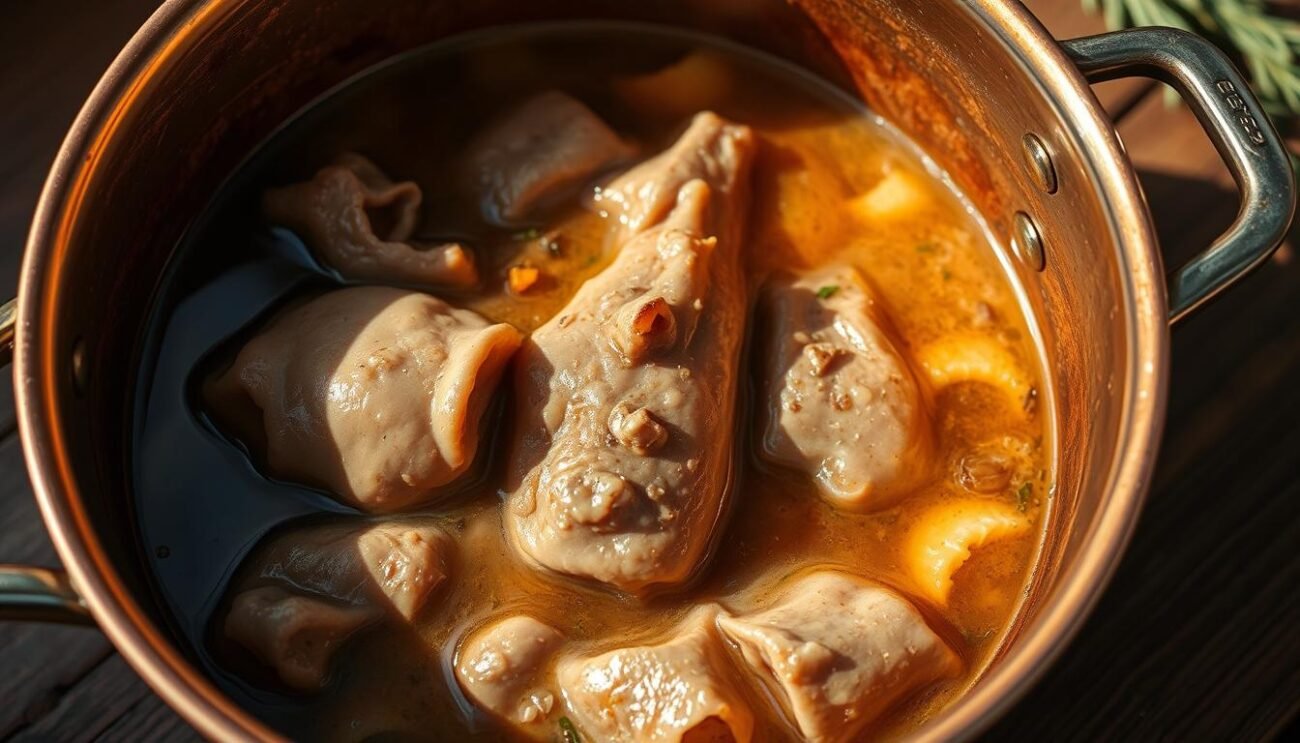 A close-up of freshly boiled "lampredotto", the traditional Tuscan tripe stew, gently simmering in a copper pot. The tender, gelatinous meat is surrounded by a flavorful broth, infused with aromatic herbs and spices. The pot is placed on a rustic wooden surface, illuminated by soft, natural lighting that casts warm shadows. The scene evokes the comforting, age-old tradition of preparing this regional delicacy, ready to be served as the base for a classic Tuscan pasta dish. A close-up of freshly boiled "lampredotto", the traditional Tuscan tripe stew, gently simmering in a copper pot. The tender, gelatinous meat is surrounded by a flavorful broth, infused with aromatic herbs and spices. The pot is placed on a rustic wooden surface, illuminated by soft, natural lighting that casts warm shadows. The scene evokes the comforting, age-old tradition of preparing this regional delicacy, ready to be served as the base for a classic Tuscan pasta dish.
