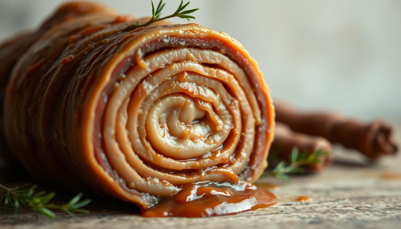 A close-up of the intricately layered cross-section of a fresh lampredotto, the traditional Tuscan tripe stew. The tender, gelatinous layers of beef stomach are visible, glistening with a rich, savory sauce. The image is shot with natural lighting, showcasing the unique texture and coloration of this iconic Florentine ingredient. The scene is evenly lit, with a shallow depth of field that keeps the centerpiece in sharp focus, while the background fades into a soft, neutral blur. The overall mood is one of rustic authenticity, inviting the viewer to appreciate the craftsmanship and tradition behind this beloved Tuscan dish. A close-up of the intricately layered cross-section of a fresh lampredotto, the traditional Tuscan tripe stew. The tender, gelatinous layers of beef stomach are visible, glistening with a rich, savory sauce. The image is shot with natural lighting, showcasing the unique texture and coloration of this iconic Florentine ingredient. The scene is evenly lit, with a shallow depth of field that keeps the centerpiece in sharp focus, while the background fades into a soft, neutral blur. The overall mood is one of rustic authenticity, inviting the viewer to appreciate the craftsmanship and tradition behind this beloved Tuscan dish.