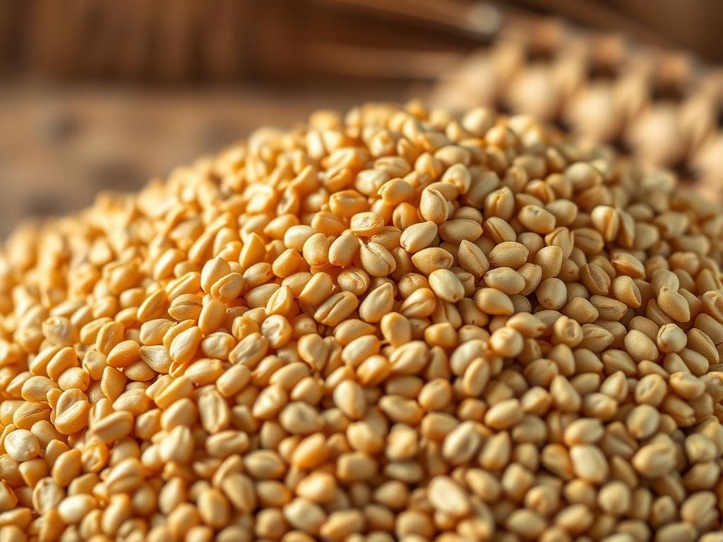 A close-up photograph of a pile of durum wheat grains, the kernels glistening under soft, warm lighting. The grains fill the frame, their intricate textures and golden hues accentuated. In the background, a blurred, rustic wooden surface provides a natural, earthy backdrop. The image captures the nutritional richness and premium quality of Senatore Cappelli durum wheat, highlighting its unique characteristics that contribute to the exceptional properties of the flour. A close-up photograph of a pile of durum wheat grains, the kernels glistening under soft, warm lighting. The grains fill the frame, their intricate textures and golden hues accentuated. In the background, a blurred, rustic wooden surface provides a natural, earthy backdrop. The image captures the nutritional richness and premium quality of Senatore Cappelli durum wheat, highlighting its unique characteristics that contribute to the exceptional properties of the flour.