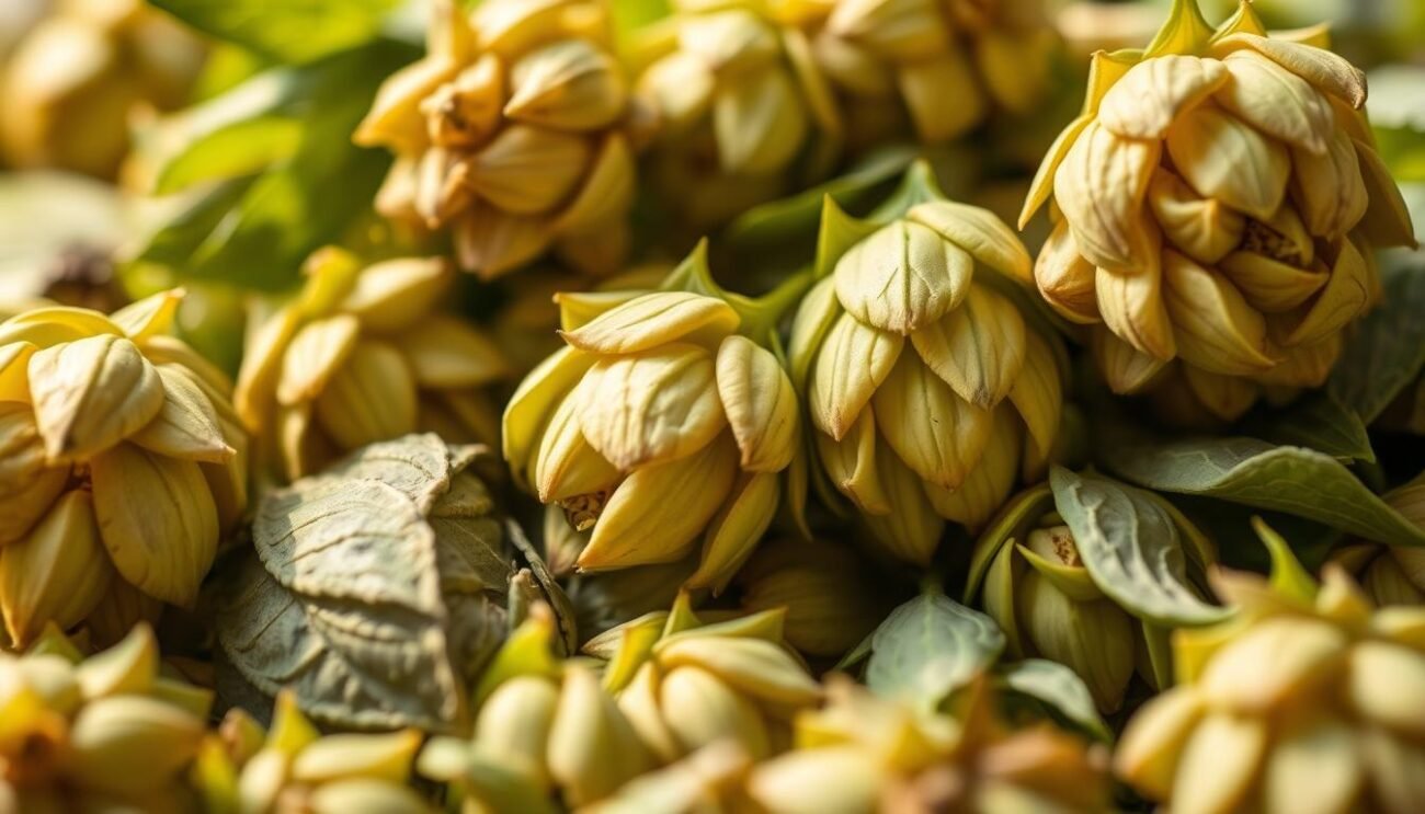 A close-up photograph of various hops cones and leaves, showcasing the intricate textures and vibrant colors that contribute to the distinct aromas of IPAs and pale ales. The image is captured with a shallow depth of field, emphasizing the delicate details of the hops. Soft, natural lighting casts warm, golden tones, creating a sense of artistry and craftsmanship. The arrangement of the hops elements suggests a methodical, scientific approach to identifying and understanding the unique aromatic profiles of this essential brewing ingredient.