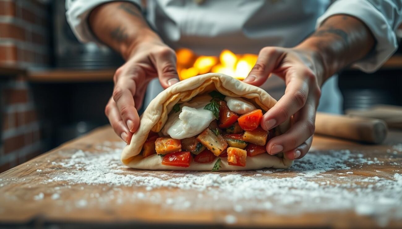 A close-up shot of a chef's skilled hands carefully folding and shaping a soft, doughy calzone dough, revealing the intricate process of creating this iconic Neapolitan dish. The scene is set in a traditional Italian kitchen, with terracotta floor tiles, a worn wooden table, and a hint of a classic Neapolitan pizza oven in the background, casting a warm, golden glow. The calzone is filled with a savory blend of melted mozzarella, sautéed vegetables, and fragrant herbs, creating a mouthwatering centerpiece. The image is captured with a shallow depth of field, focusing the viewer's attention on the delicate handwork and the rich textures of the calzone preparation.
