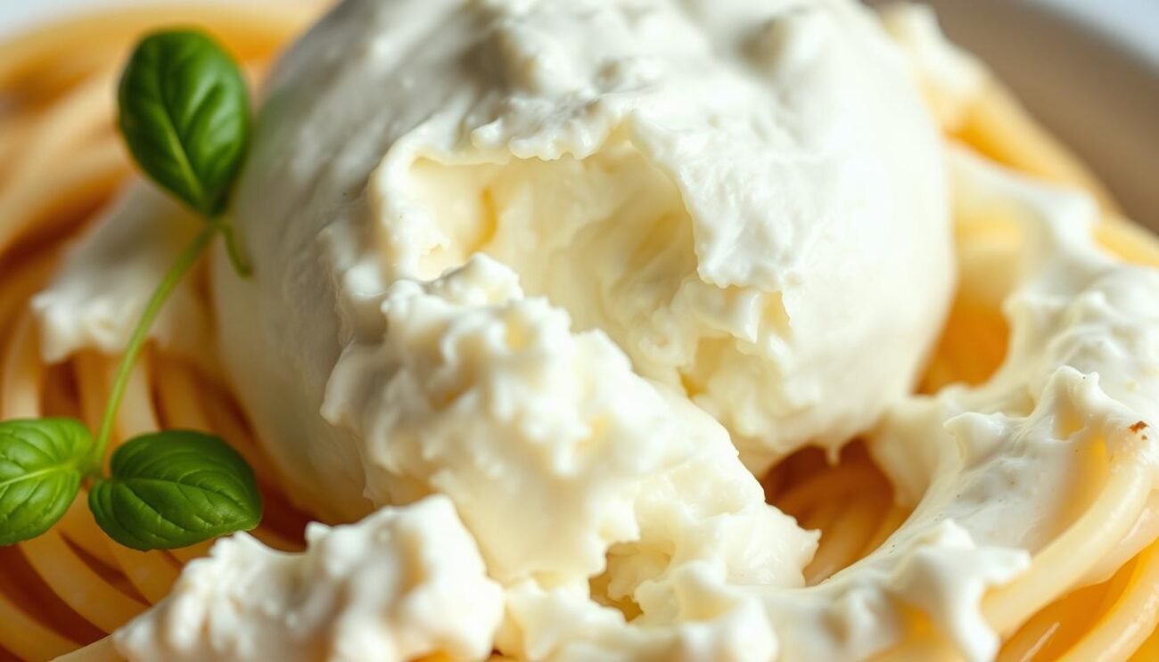 A close-up shot of a creamy, milky-white burrata cheese, its soft, pillowy texture perfectly captured. The cheese is gently sliced, revealing its tender, stringy interior. The lighting is soft and natural, highlighting the delicate sheen of the cheese's surface. The background is simple and uncluttered, allowing the burrata to be the sole focus. The overall atmosphere is one of rustic elegance, reflecting the high-quality ingredients and bold, authentic flavors of the pasta dish.