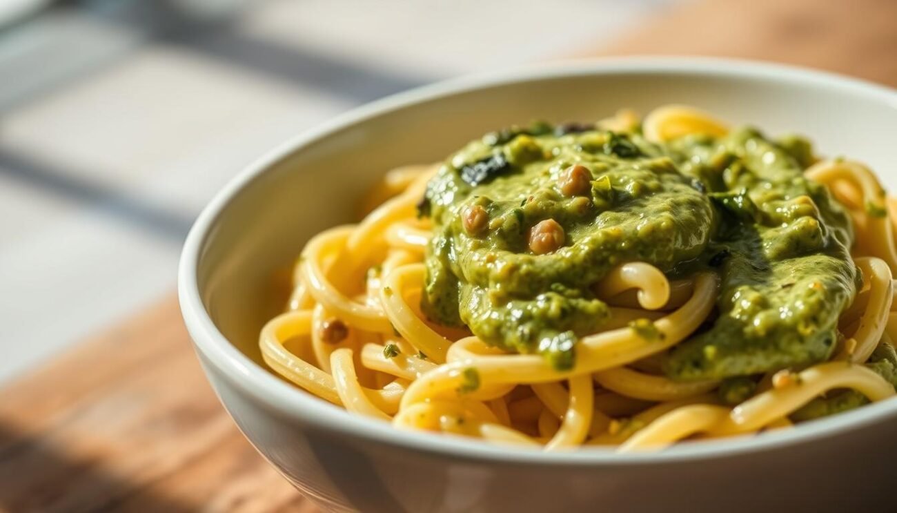 A close-up shot of a delicious bowl of pasta frullata, a blended pasta dish, topped with a creamy vegetable sauce. The pasta is smooth and silky in texture, nestled in a shallow white ceramic bowl. The sauce is a vibrant green, with flecks of herbs and a velvety, lush consistency. Soft natural lighting from the side illuminates the dish, casting gentle shadows and highlights the dish's appetizing appearance. The composition is simple yet elegant, emphasizing the comforting and nourishing qualities of this easy-to-digest pasta dish for the elderly. A close-up shot of a delicious bowl of pasta frullata, a blended pasta dish, topped with a creamy vegetable sauce. The pasta is smooth and silky in texture, nestled in a shallow white ceramic bowl. The sauce is a vibrant green, with flecks of herbs and a velvety, lush consistency. Soft natural lighting from the side illuminates the dish, casting gentle shadows and highlights the dish's appetizing appearance. The composition is simple yet elegant, emphasizing the comforting and nourishing qualities of this easy-to-digest pasta dish for the elderly.