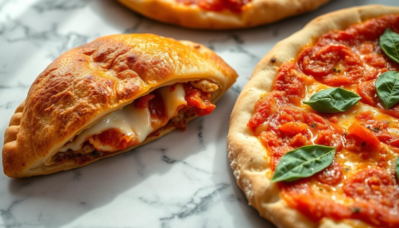 A close-up shot of a freshly baked Neapolitan calzone and a classic Neapolitan pizza, placed side by side on a marble countertop. The calzone has a golden-brown crust, filled with melted cheese, tomato sauce, and other savory ingredients, while the pizza displays its characteristic thin, chewy crust, glistening with olive oil and topped with fresh basil leaves and a vibrant tomato sauce. The lighting is soft and natural, casting gentle shadows and highlights on the delectable dishes. The overall scene evokes the authentic flavors and textures of traditional Neapolitan cuisine, inviting the viewer to savor the differences and similarities between these two iconic Italian specialties.