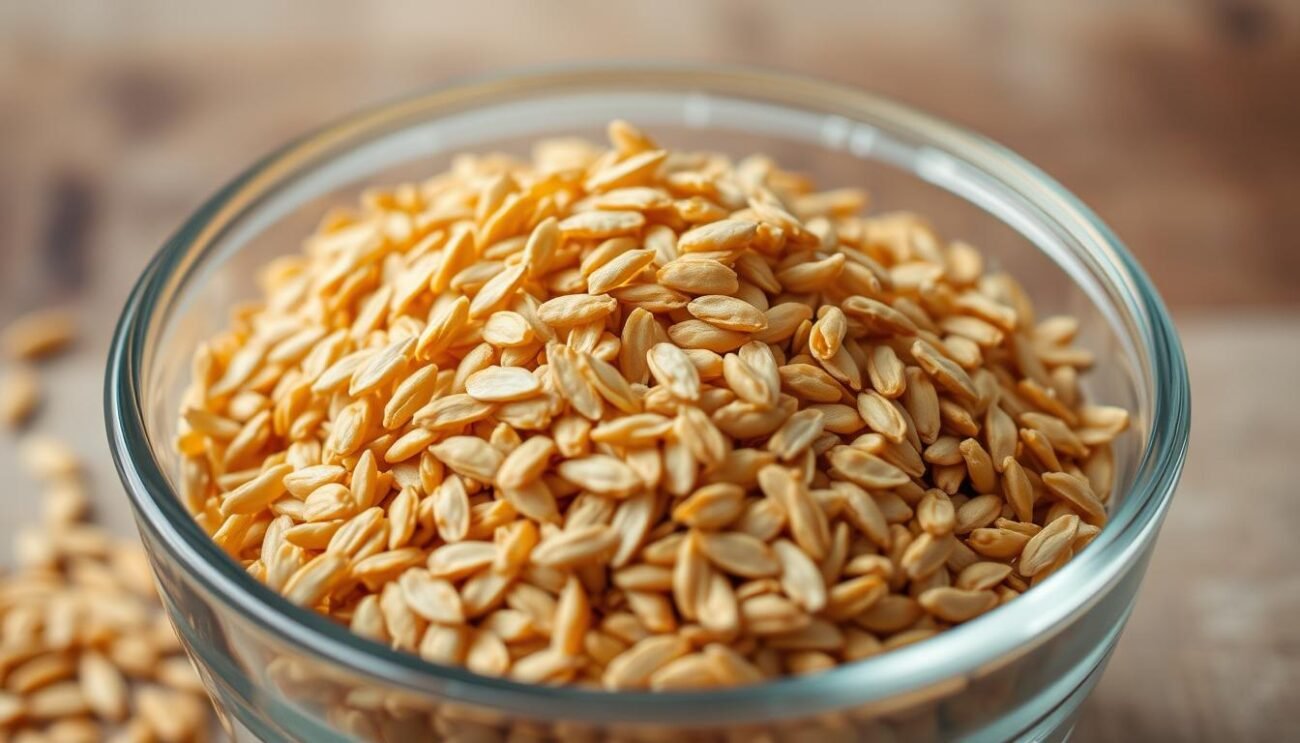 A close-up shot of a glass bowl filled with golden-brown malted barley grains, known as "malto orzo dolcificante" in Italian. The grains have a warm, earthy tone and a slightly shiny surface, reflecting the soft, diffused lighting from above. The background is a blurred, neutral-toned surface, allowing the malted barley to be the focal point. The image conveys a sense of natural sweetness and the traditional artisanal process of creating this natural sweetener, as used in various beer styles like bock or brown ale.