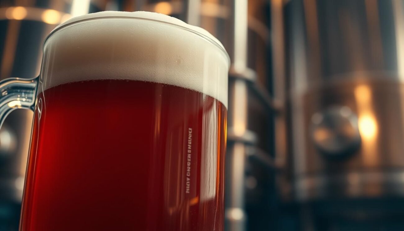 A close-up shot of a mug filled with a rich, foamy beer, with a deep amber hue and a dense, creamy head. The mug is set against a backdrop of stainless steel brewing equipment, hinting at the technical processes involved in crafting the perfect beer body. Soft, warm lighting illuminates the scene, casting a cozy, inviting atmosphere. The image emphasizes the tactile, sensory experience of the beer, capturing the weight, texture, and mouthfeel of the liquid. The composition and attention to detail convey a sense of artisanal craftsmanship and a celebration of the science and skill behind the creation of a well-structured, full-bodied beer.