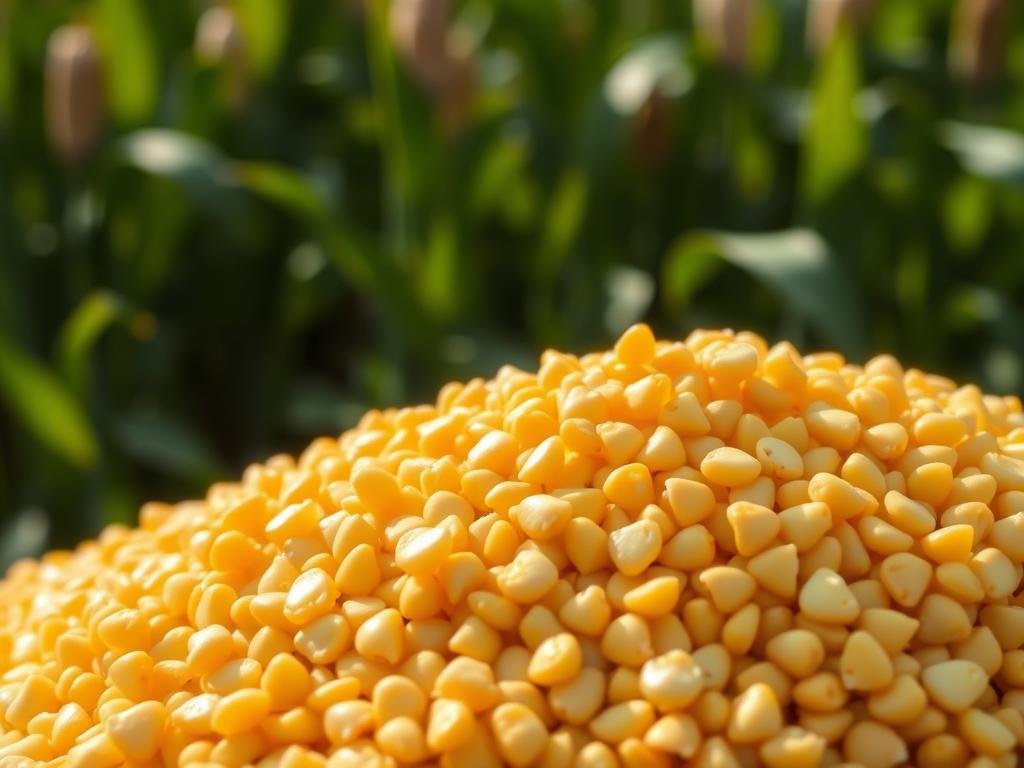 A close-up shot of a pile of organic whole corn kernels, illuminated by soft natural lighting. The kernels are golden-yellow in color, with a slight sheen, showcasing their nutritional density and wholesome appearance. In the background, a blurred field of green leaves and stalks provides a natural, earthy context. The image has a warm, inviting tone, highlighting the inherent goodness and versatility of this whole grain ingredient.
