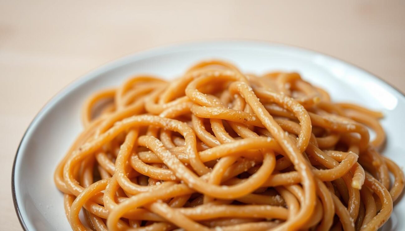 A close-up shot of a plate of freshly cooked, al dente pasta integrale. The noodles have a rich, earthy brown hue and a slightly textured surface, indicating their whole grain nature. The pasta is perfectly cooked, with a firm bite and a slightly nutty aroma. The plate is set against a simple, neutral background, allowing the pasta to be the star of the composition. The lighting is soft and natural, casting gentle shadows and highlighting the pasta's delicate contours. The overall mood is one of simplicity, wholesome goodness, and a celebration of the natural, unprocessed qualities of this nutritious pasta variety.