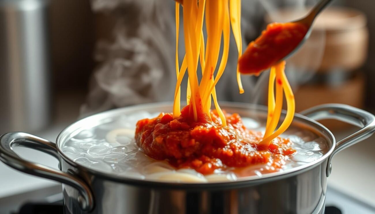 A close-up shot of a pot of boiling water on a stove, with strands of fresh pasta being gently lowered into the bubbling liquid. The steam rises in delicate wisps, creating a sense of warmth and anticipation. In the foreground, a vibrant red paste, the 'nduja, is being carefully spooned and swirled into the simmering pot, infusing the pasta with a bold, spicy aroma. The background is slightly blurred, allowing the viewer to focus on the mesmerizing process of creating this classic Calabrian dish. The lighting is soft and natural, capturing the rustic elegance of the scene. The overall mood is one of authentic, homemade Italian cuisine, reflecting the title "Preparazione della Ricetta" perfectly.