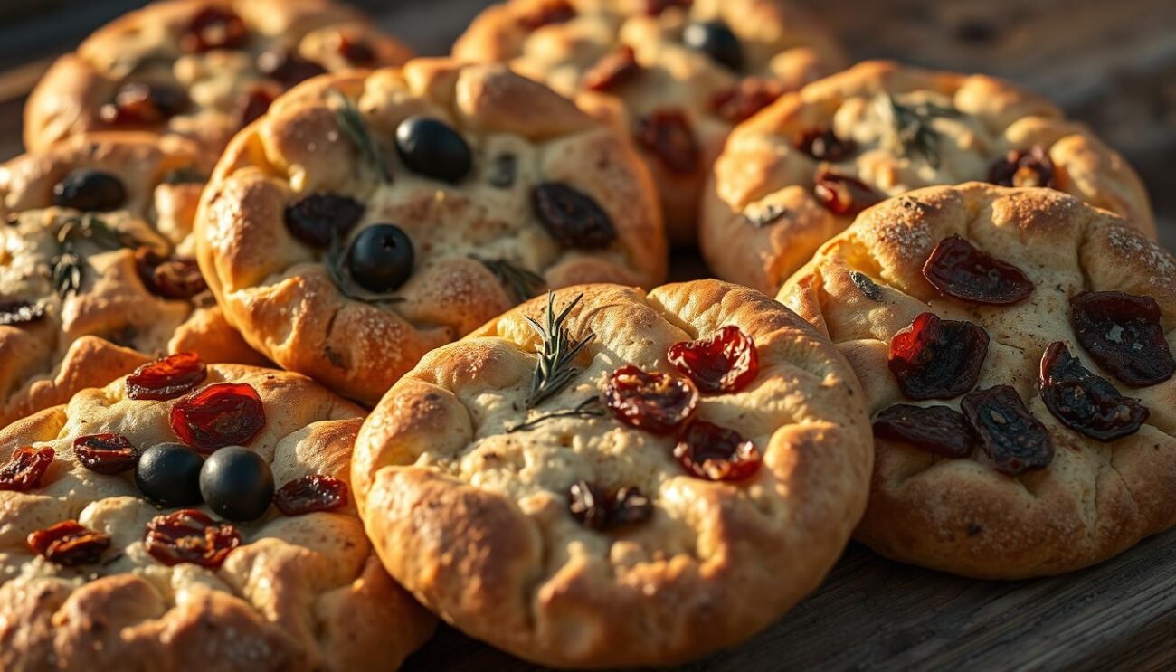 A close-up shot of an assortment of traditional Tuscan "Schiacciata" focaccias, freshly baked and arranged on a rustic wooden surface. The breads feature a variety of toppings, including olives, rosemary, and sun-dried tomatoes, showcasing the regional variations. The image is bathed in warm, golden-hour lighting, highlighting the flaky, crisp texture of the breads. The composition emphasizes the diversity and artisanal nature of this iconic Florentine specialty, inviting the viewer to savor the flavors and textures of this beloved regional delicacy. A close-up shot of an assortment of traditional Tuscan "Schiacciata" focaccias, freshly baked and arranged on a rustic wooden surface. The breads feature a variety of toppings, including olives, rosemary, and sun-dried tomatoes, showcasing the regional variations. The image is bathed in warm, golden-hour lighting, highlighting the flaky, crisp texture of the breads. The composition emphasizes the diversity and artisanal nature of this iconic Florentine specialty, inviting the viewer to savor the flavors and textures of this beloved regional delicacy.