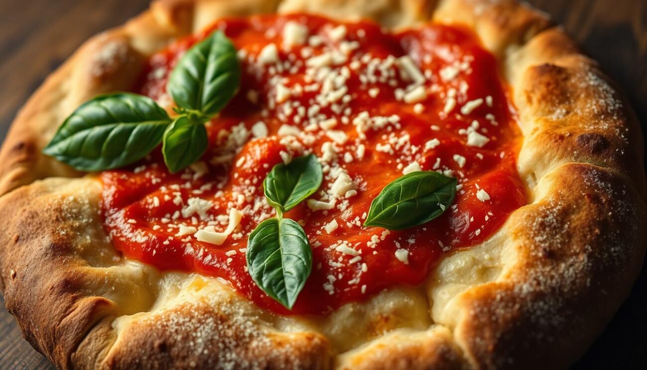 A close-up shot of an expertly crafted pinsa romana, freshly baked with a crisp, golden-brown crust. The dough has been allowed to ferment slowly, resulting in a soft, chewy center with a delicate, airy texture. The surface is lightly dusted with semolina flour, adding a subtle crunch. Vibrant tomato sauce, grated Parmesan, and fresh basil leaves adorn the pinsa, creating a harmonious balance of flavors. Warm, ambient lighting casts a cozy glow, highlighting the dish's artisanal quality. The composition showcases the pinsa's authentic preparation, evocative of traditional Roman culinary heritage.