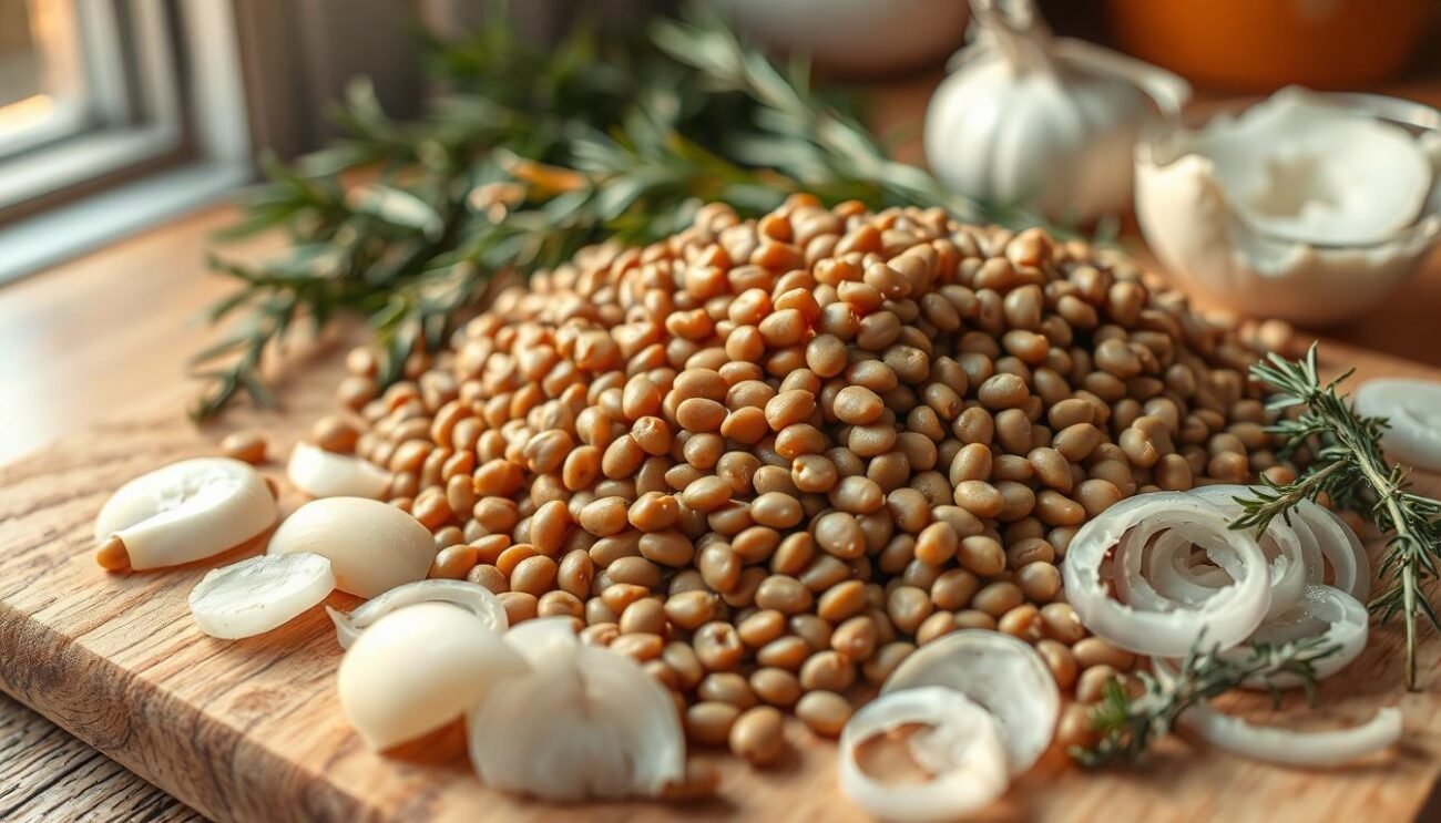 A close-up shot of fresh brown lentils being carefully prepared on a wooden cutting board. Sliced onions, garlic, and aromatic herbs like rosemary and thyme surround the lentils, creating a rustic, authentic Italian scene. Warm lighting from a nearby window casts a soft glow, highlighting the rich colors and textures. The lentils are the focal point, emphasizing their central role in the vegetarian ragù. The composition is balanced, with the ingredients arranged in an inviting, appetizing manner, hinting at the flavorful dish to come. The overall atmosphere evokes the warmth and comfort of traditional Italian home cooking. A close-up shot of fresh brown lentils being carefully prepared on a wooden cutting board. Sliced onions, garlic, and aromatic herbs like rosemary and thyme surround the lentils, creating a rustic, authentic Italian scene. Warm lighting from a nearby window casts a soft glow, highlighting the rich colors and textures. The lentils are the focal point, emphasizing their central role in the vegetarian ragù. The composition is balanced, with the ingredients arranged in an inviting, appetizing manner, hinting at the flavorful dish to come. The overall atmosphere evokes the warmth and comfort of traditional Italian home cooking.