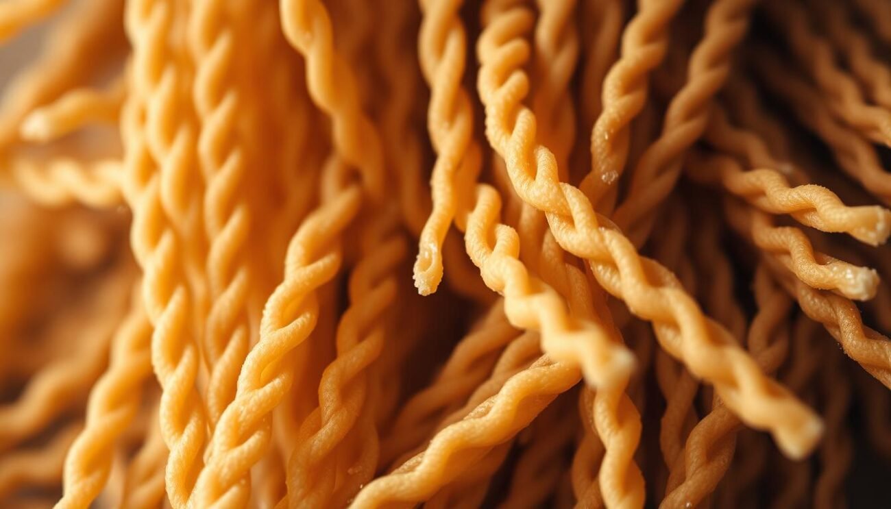 A close-up shot of freshly extruded bronze-die whole wheat pasta, its intricate ridges and grooves capturing the light in a warm, earthy palette. The strands are arranged in an artful composition, their rustic textures and muted tones evoking a sense of authenticity and craftsmanship. The background is softly blurred, allowing the pasta to take center stage and highlighting its distinctive bronze-die extrusion process. The overall mood is one of simplicity, quality, and the unadulterated essence of wholesome, artisanal pasta.