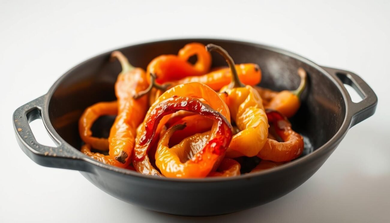 A close-up shot of freshly toasted peperoni cruschi (crispy peppers) sizzling in a cast-iron skillet. The peppers are a deep golden-brown, with a delicate crunch visible on their skin. The skillet is set against a plain white background, allowing the vibrant colors and textures of the peppers to be the focal point. Warm, diffused lighting casts a soft glow over the scene, highlighting the glossy, oily sheen on the peppers' surface. The composition emphasizes the peppers' three-dimensional form, capturing their curled, asymmetrical shapes in high detail. This image conveys the rustic, authentic nature of the traditional Lucanian dish, perfectly complementing the step-by-step guide for preparing the peperoni cruschi.