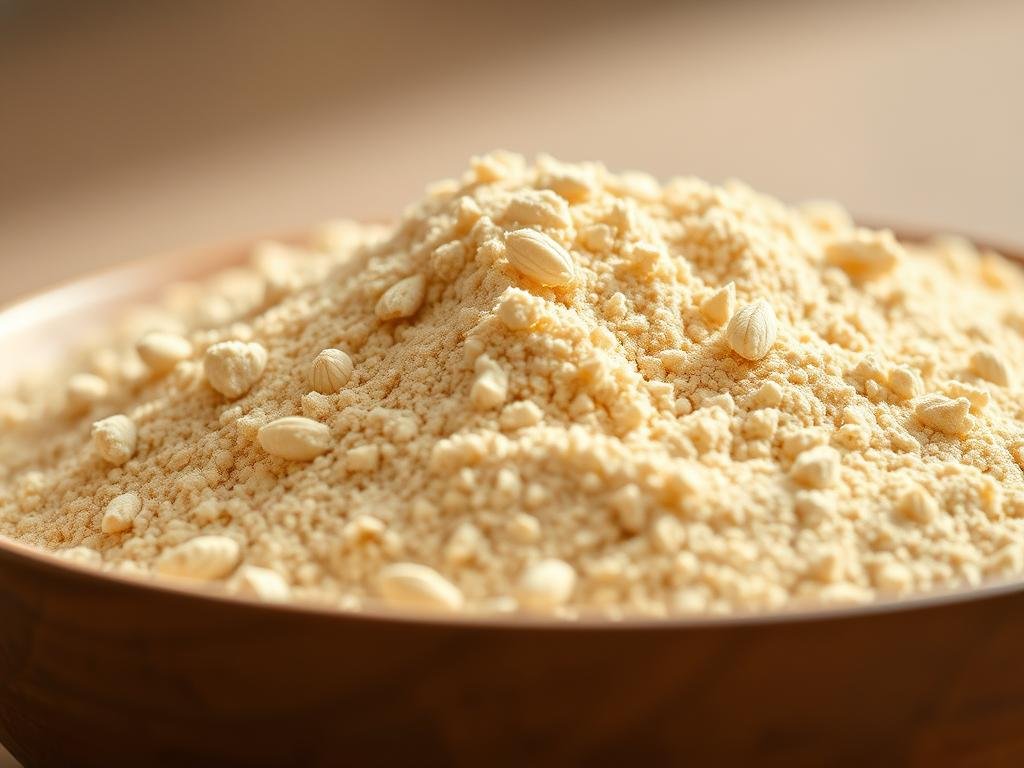 A close-up still life photography of freshly milled whole grain flour made from durum wheat. The texture of the flour is coarse and grainy, with a warm, golden hue. The flour is arranged in a shallow bowl or container, illuminated by soft, diffused lighting from the side, casting gentle shadows and highlights to accentuate the unique properties of this artisanal flour. The background is a simple, neutral color, allowing the flour to be the focal point. The composition is balanced and harmonious, conveying the nutritional value and quality of this traditional Italian specialty. A close-up still life photography of freshly milled whole grain flour made from durum wheat. The texture of the flour is coarse and grainy, with a warm, golden hue. The flour is arranged in a shallow bowl or container, illuminated by soft, diffused lighting from the side, casting gentle shadows and highlights to accentuate the unique properties of this artisanal flour. The background is a simple, neutral color, allowing the flour to be the focal point. The composition is balanced and harmonious, conveying the nutritional value and quality of this traditional Italian specialty.