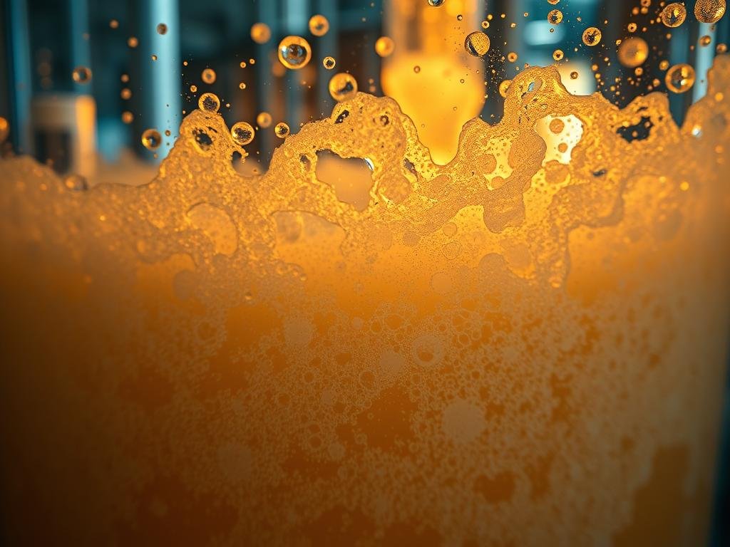 A close-up view of a bubbling, frothy mixture in a glass fermentation vessel, illuminated by warm, golden lighting. In the foreground, intricate patterns of yeast cells and enzymes can be seen interacting, creating a mesmerizing visual dance. The middle ground showcases the dynamic interaction of various organic compounds, while the background hints at the complex machinery and equipment involved in the biochemical processes of beer fermentation. The scene conveys a sense of scientific wonder, the delicate balance of natural forces, and the artistry inherent in the art of brewing.