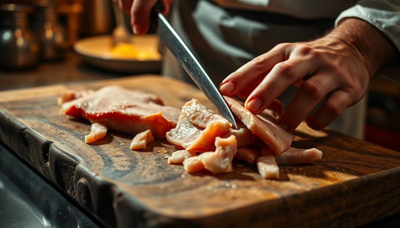 A close-up view of a chef's hands carefully cutting and slicing a slab of guanciale, the cured pork cheek traditionally used in the classic Roman amatriciana sauce. The guanciale is being prepared on a rustic wooden cutting board, with a sharp knife gliding through the soft, fatty meat. The kitchen environment is dimly lit, with warm lighting casting shadows and highlighting the textures of the ingredients. The scene evokes the artisanal craftsmanship and attention to detail required to prepare the essential components of an authentic amatriciana bianca, or white amatriciana, dish.