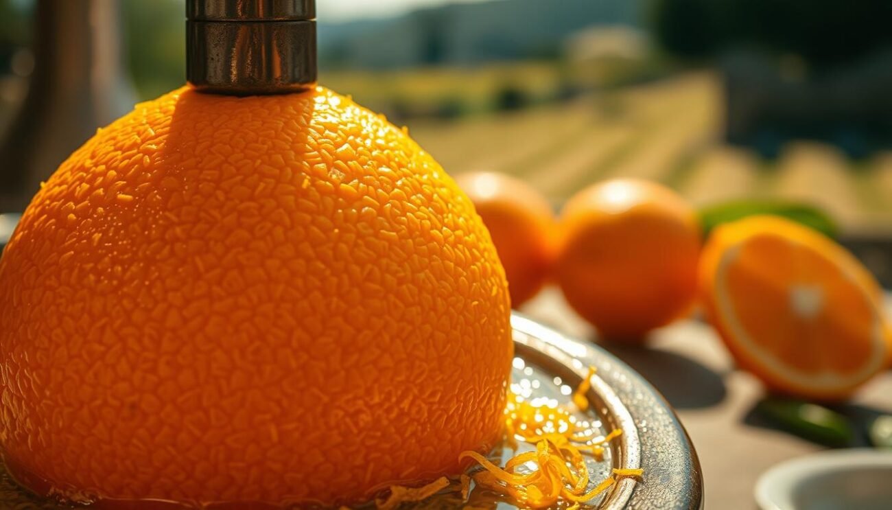 A close-up view of a citrus fruit being pressed, extracting its essential oils. Vibrant orange zest glistens under warm, directional lighting, casting dynamic shadows. The fruit's surface is captured in intricate detail, showcasing its intricate patterning and texture. In the background, a blurred setting evokes an Italian countryside, hinting at the origins of this artisanal process. The overall mood is one of rustic authenticity, highlighting the care and craftsmanship involved in extracting the essence of these prized Mediterranean ingredients.