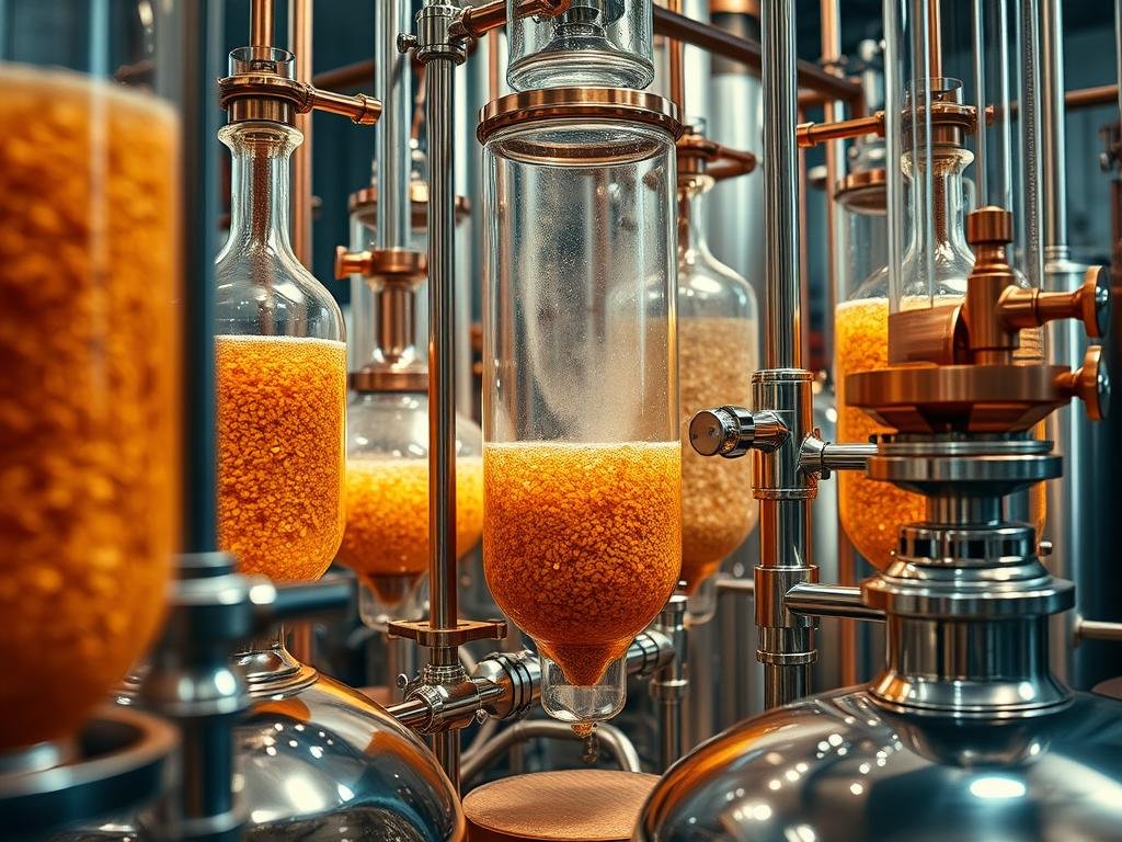 A close-up view of a complex network of clear glass vessels, tubes, and funnels. Copper instruments and gleaming metal surfaces suggest a professional brewery or laboratory setting. Vibrant hues of golden-amber malt and rich caramel tones fill the vessels, creating a captivating display of the intricate process of wort extraction. Soft, directional lighting casts subtle shadows, accentuating the intricate details and the chemistry unfolding before the viewer. The overall atmosphere is one of precision, refinement, and the art of transforming simple grains into the foundation of a beloved beverage.