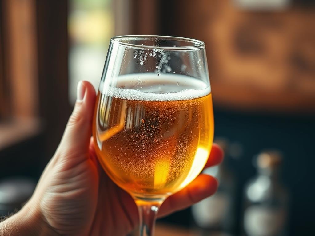 A close-up view of a craft beer tasting session, capturing the intricate sensory experience of evaluating the organoleptic profile of an artisanal beer. The glass is held in a hand, the liquid shimmering with a golden hue and slight effervescence. The background is soft and blurred, allowing the viewer to focus on the detailed examination of the beer's appearance, aroma, and subtle nuances of flavor. The lighting is warm and natural, creating a cozy, inviting atmosphere that reflects the artisanal nature of the brewing process. The overall composition emphasizes the importance of water quality in shaping the final taste and character of the craft beer.