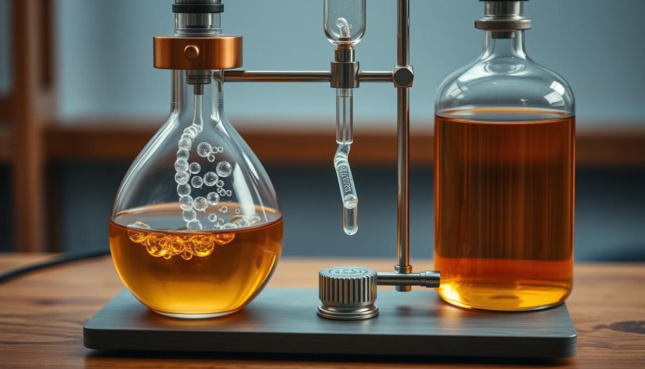 A close-up view of a low-temperature distillation apparatus, showcasing the intricate glassware and the gentle bubbling of the liquid within. The setup is positioned on a wooden table, with a soft, diffused lighting illuminating the scene. The arrangement of the components, such as the condenser, collection vessel, and heating element, conveys a sense of precision and scientific inquiry. The muted color palette, with tones of amber and copper, creates an atmosphere of quiet contemplation, reflecting the methodical nature of the low-temperature distillation process. The image should inspire a sense of curiosity and understanding about the fundamental principles behind this innovative technique.