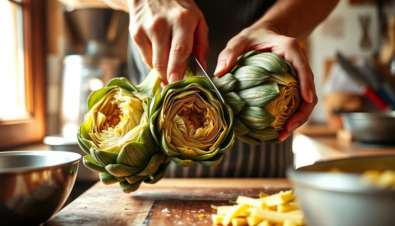 A close-up view of a person's hands carefully trimming and preparing fresh artichokes for a classic Roman-style artichoke sauce. The artichokes are being meticulously cleaned, with the outer leaves being removed and the tips being cut off, revealing the tender heart of the vegetable. The hands are working with precision, demonstrating the expertise and care required to prepare the artichokes for the flavorful sauce. The setting is a rustic Italian kitchen, with warm natural lighting filtering in from a nearby window, casting a soft glow on the scene. The atmosphere evokes the tradition and authenticity of this beloved Roman dish. A close-up view of a person's hands carefully trimming and preparing fresh artichokes for a classic Roman-style artichoke sauce. The artichokes are being meticulously cleaned, with the outer leaves being removed and the tips being cut off, revealing the tender heart of the vegetable. The hands are working with precision, demonstrating the expertise and care required to prepare the artichokes for the flavorful sauce. The setting is a rustic Italian kitchen, with warm natural lighting filtering in from a nearby window, casting a soft glow on the scene. The atmosphere evokes the tradition and authenticity of this beloved Roman dish.