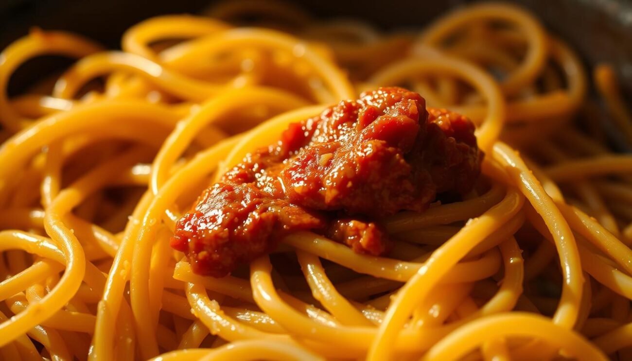 A close-up view of freshly cooked pasta strands, their golden-brown surfaces glistening with a light sheen. Atop the pasta, a generous dollop of vibrant, rusty-red 'nduja, a spicy, spreadable Calabrian salami, oozes and melts into the hot noodles. Soft shadows play across the scene, accentuating the textural interplay between the firm pasta and the creamy 'nduja. Warm, indirect lighting bathes the composition, creating a cozy, inviting atmosphere. The image is captured with a shallow depth of field, placing the pasta and 'nduja in sharp focus while softening the background, directing the viewer's attention to the delectable, mouthwatering dish.
