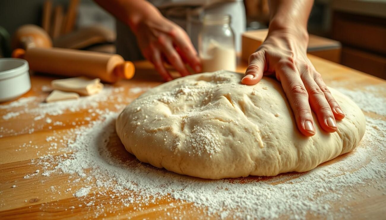 A close-up view of the preparation of traditional Roman pinsa dough. In the foreground, a baker's hands knead and stretch the elastic, yeast-risen dough on a lightly floured wooden surface. Specks of flour and semolina dot the dough's surface, giving it a rustic, homemade appearance. In the middle ground, various baking tools and ingredients, such as a rolling pin, a bowl of olive oil, and a jar of yeast, suggest the care and attention required in this artisanal process. The background is slightly blurred, creating a sense of focus on the careful dough-making technique. Warm, natural lighting casts a soft glow, evoking the comforting atmosphere of an authentic Italian kitchen.