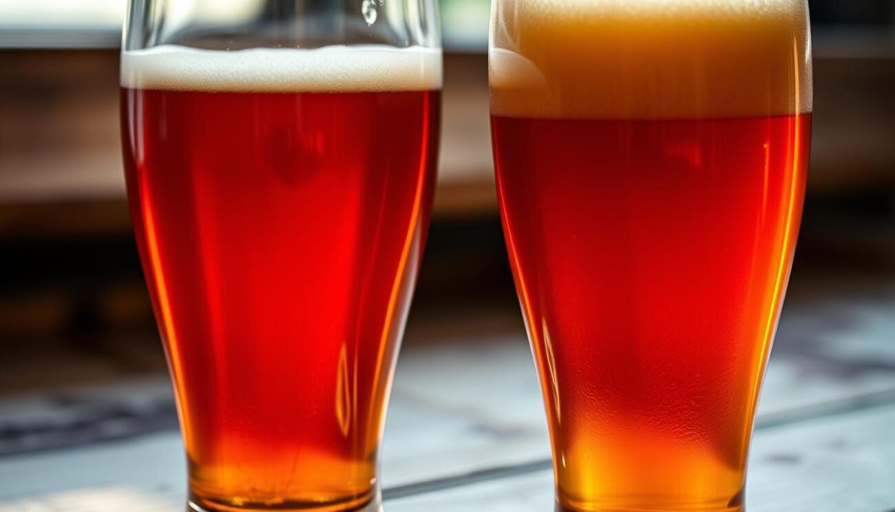 A close-up view of two Belgian beer glasses, one filled with a rich, amber-colored dubbel and the other with a slightly hazy, golden tripel. The glasses are set against a soft, blurred background with hints of a rustic, wooden table or bar surface. The lighting is warm and inviting, casting subtle shadows that accentuate the contours of the glasses and the unique properties of each beer style. The overall composition emphasizes the distinct visual characteristics that distinguish a dubbel from a tripel, while conveying a sense of the artisanal craftsmanship and tradition associated with Belgian beer culture.