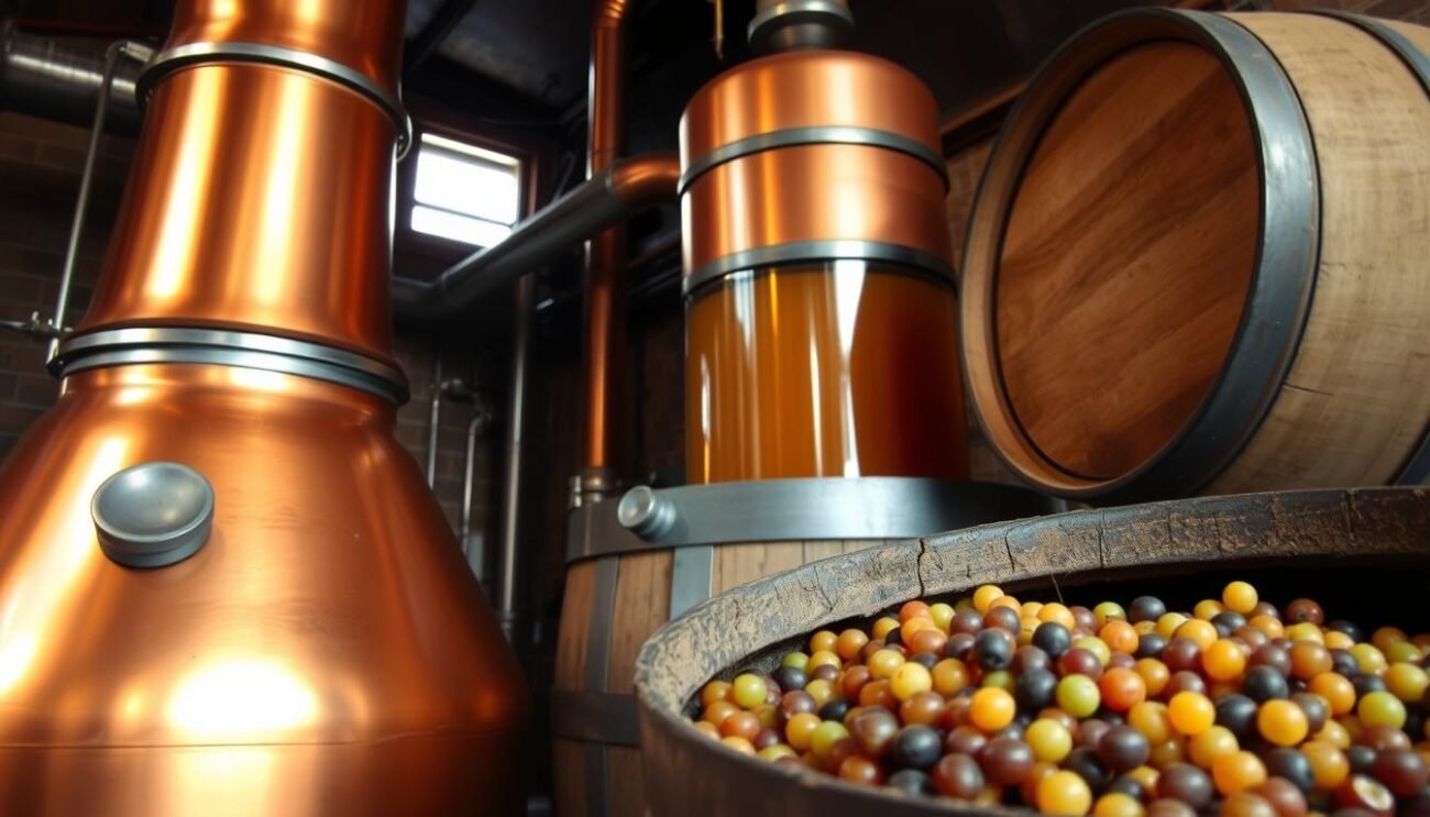 A copper distillation column stands tall, its shiny surface gleaming under the warm lighting. Nearby, a wooden barrel holds the fragrant, golden grappa, its aroma wafting through the air. In the foreground, freshly harvested grape pomace, the raw material for this artisanal spirit, is carefully inspected. The scene captures the essence of the grappa-making process, from the fermentation of the grape must to the final distillation, conveying the meticulous attention to detail and the heritage of this iconic Italian beverage.