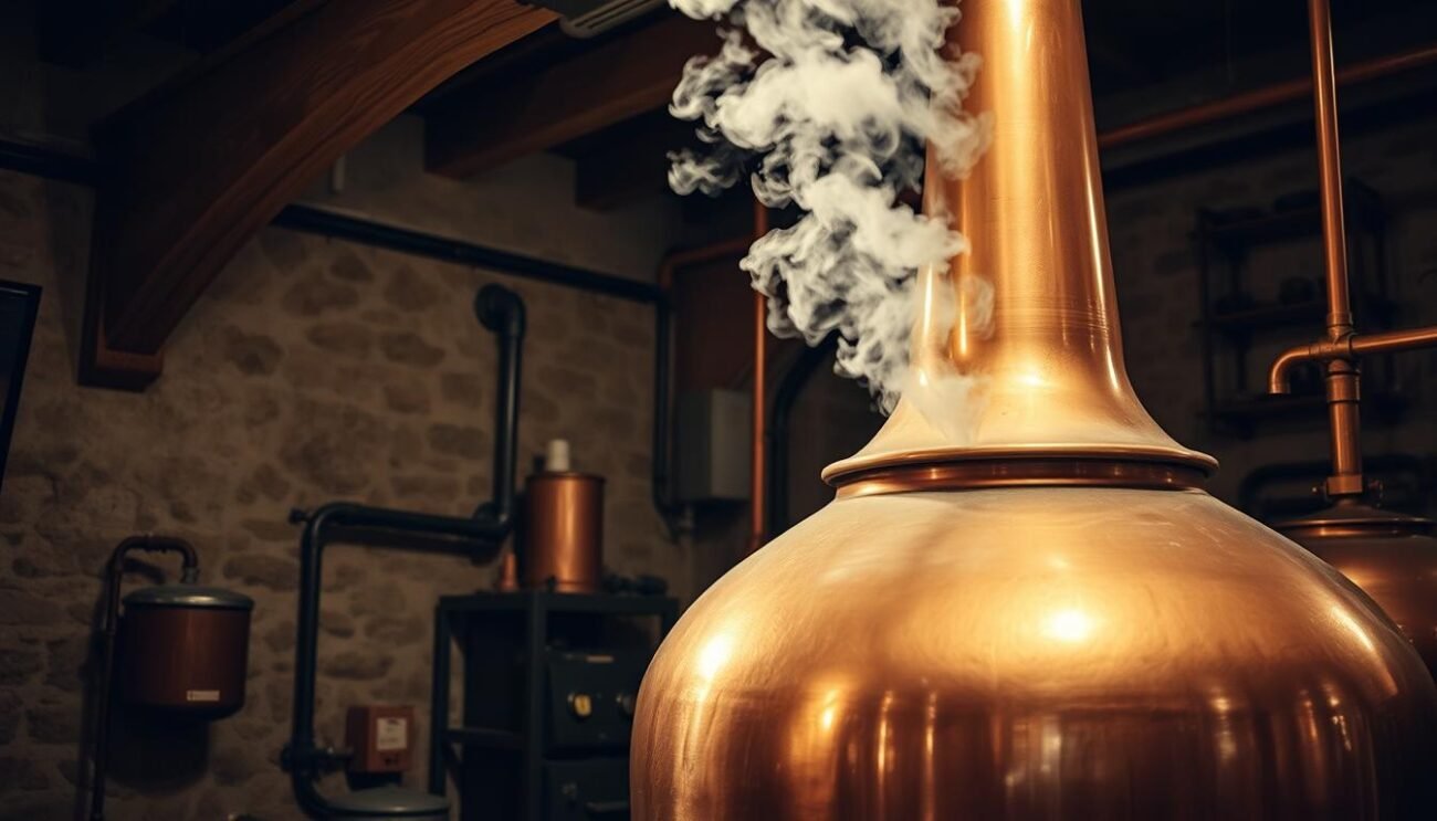 A copper pot still sitting in a rustic, dimly lit distillery. Steam billows from the neck as the clear, fragrant spirit slowly trickles into a waiting vessel. Weathered wooden beams and stone walls create a warm, artisanal atmosphere. Aged copper fittings and well-worn equipment hint at generations of skillful distillation. Soft lighting casts dramatic shadows, highlighting the elegant curves of the still and the care taken in its construction. The air is thick with the aroma of the distillate, a captivating blend of floral, herbal, and earthy notes. This is the heart of traditional Tuscan grappa and spirits production, where time-honored techniques and meticulous craftsmanship come together to create the finest artisanal distillates.
