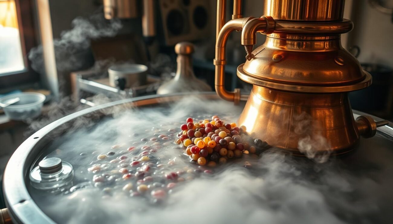 A copper still sits atop a steaming water bath, its intricate coils and pipes catching the golden light filtering through a window. Fragrant grape pomace swirls in the heated liquid, slowly releasing the aromatic vapors that will condense and be collected as the precious distillate - the essence of the Italian grappa. The scene is one of artisanal craftsmanship, with gleaming metal and the warm glow of an intimate, artisanal workspace. The mood is one of quiet focus, as the distiller carefully monitors the process, ensuring each drop captures the finest flavors of the grape. This is the heart of the grappa production, where tradition and technology come together to create a truly exceptional spirit.