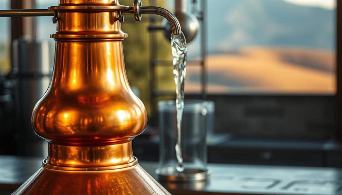 A copper still stands in the foreground, its gleaming surface reflecting the warm glow of the lighting. In the middle ground, a cascade of clear liquid pours into a waiting vessel, capturing the distillation process in action. The background is softly blurred, hinting at the broader Italian landscape and the tradition of innovative distillation practices. The scene conveys a sense of precision, craftsmanship, and the artful balance of science and creativity that defines the distillation process. A copper still stands in the foreground, its gleaming surface reflecting the warm glow of the lighting. In the middle ground, a cascade of clear liquid pours into a waiting vessel, capturing the distillation process in action. The background is softly blurred, hinting at the broader Italian landscape and the tradition of innovative distillation practices. The scene conveys a sense of precision, craftsmanship, and the artful balance of science and creativity that defines the distillation process.
