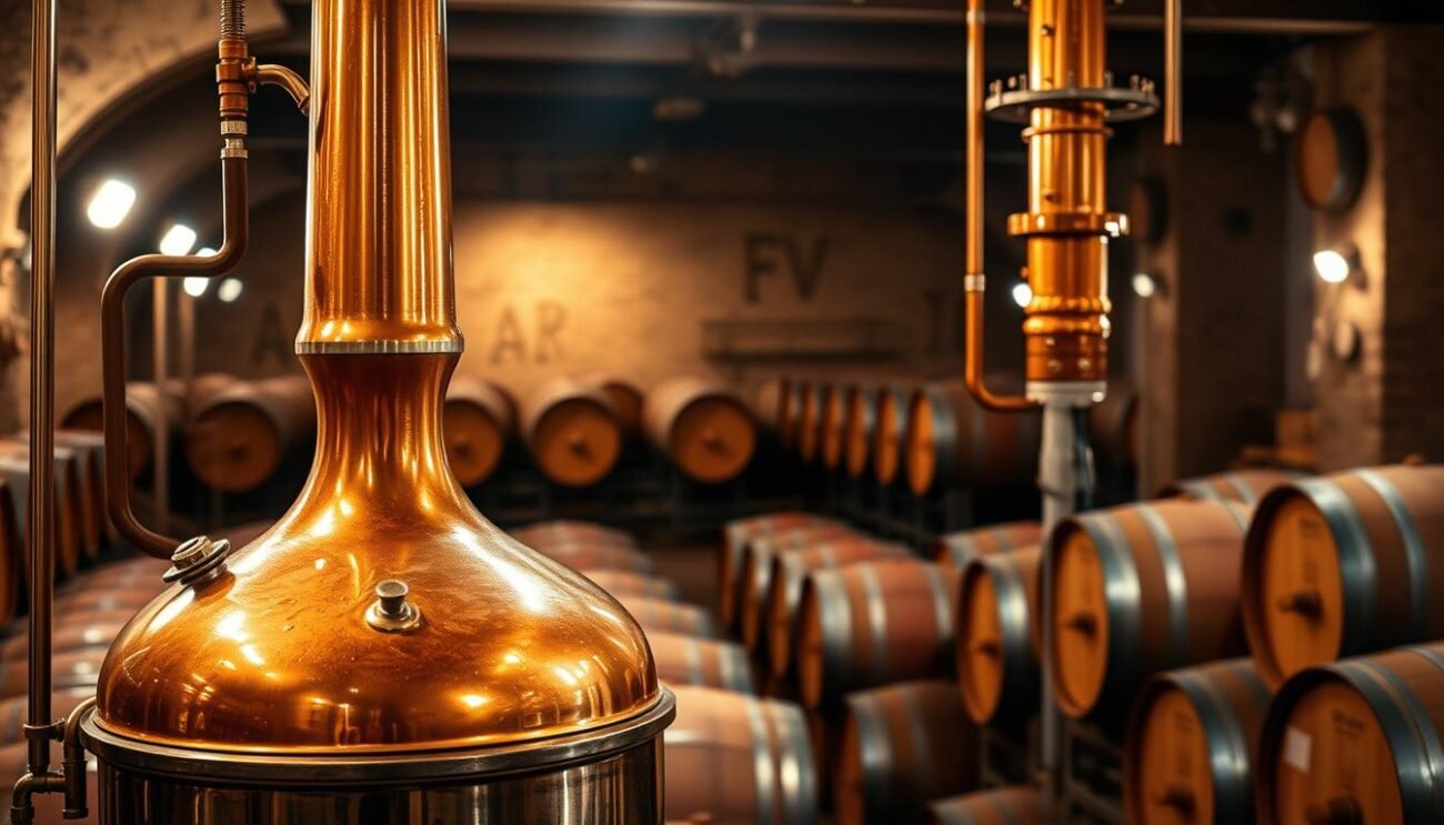 A copper still stands in the foreground, its gleaming surface reflecting the warm light. Intricate coils and tubes snake around the apparatus, conveying the distilled liquid through the various stages of the winemaking process. In the middle ground, rows of oak barrels line the cellar, each one aging the distillate to perfection. The background is shrouded in a soft, atmospheric lighting, hinting at the centuries-old traditions and expertise behind the craft of Italian distilled spirits. The scene evokes a sense of precision, patience, and the reverence for the art of distillation that is at the heart of this iconic Italian industry.