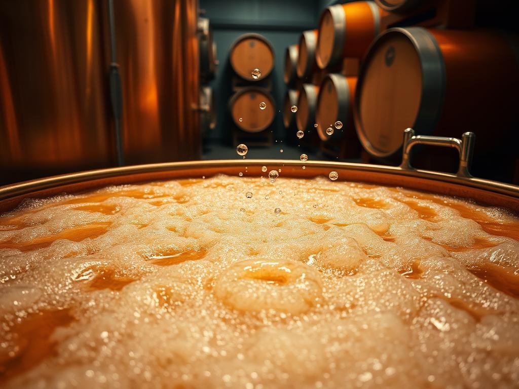 A copper vat filled with a bubbling, golden-hued liquid, the surface alive with swirling, rising bubbles - the fermentation process of beer in full motion. Warm, ambient lighting casts a soft, inviting glow, while the gleaming metal surfaces reflect the dynamic, effervescent scene. Towering wooden barrels line the background, hinting at the artisanal, time-honored tradition of beer-making. The overall atmosphere is one of quiet, captivating activity, a visual representation of the transformative journey from wort to ale.