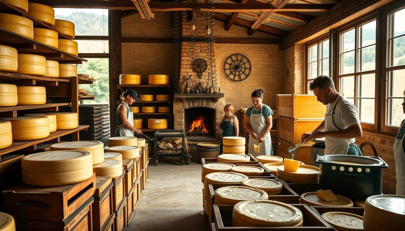 A cozy Italian cheese production facility nestled in the verdant hills, sunlight streaming through large windows. Wooden crates and aging wheels of Parmesan, Gorgonzola, and Pecorino cheese line the shelves. In the foreground, skilled cheesemakers in traditional aprons carefully tend to the curds, ladling and pressing the fresh cheese. The air is thick with the rich, creamy aroma. In the background, a rustic stone fireplace crackles, adding to the warmth and authenticity of the scene. Capture the essence of Italy's renowned cheesemaking heritage in a cinematic, high-resolution image. A cozy Italian cheese production facility nestled in the verdant hills, sunlight streaming through large windows. Wooden crates and aging wheels of Parmesan, Gorgonzola, and Pecorino cheese line the shelves. In the foreground, skilled cheesemakers in traditional aprons carefully tend to the curds, ladling and pressing the fresh cheese. The air is thick with the rich, creamy aroma. In the background, a rustic stone fireplace crackles, adding to the warmth and authenticity of the scene. Capture the essence of Italy's renowned cheesemaking heritage in a cinematic, high-resolution image.