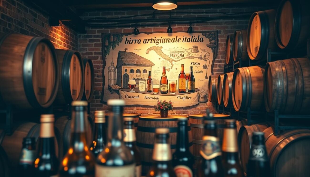 A cozy Italian craft brewery, brick walls adorned with worn wooden barrels, vintage beer bottles and labels in the foreground. Soft, warm lighting illuminates the space, casting an inviting glow. In the background, a mural depicts the rich history of Italian winemaking, intertwining with the artisanal beer culture. Meticulously crafted details showcase the timeless tradition and passion behind "storia birra artigianale italiana". A sense of authenticity and tradition permeates the scene, transporting the viewer to the heart of Italy's unique beer and wine fusion. A cozy Italian craft brewery, brick walls adorned with worn wooden barrels, vintage beer bottles and labels in the foreground. Soft, warm lighting illuminates the space, casting an inviting glow. In the background, a mural depicts the rich history of Italian winemaking, intertwining with the artisanal beer culture. Meticulously crafted details showcase the timeless tradition and passion behind "storia birra artigianale italiana". A sense of authenticity and tradition permeates the scene, transporting the viewer to the heart of Italy's unique beer and wine fusion.
