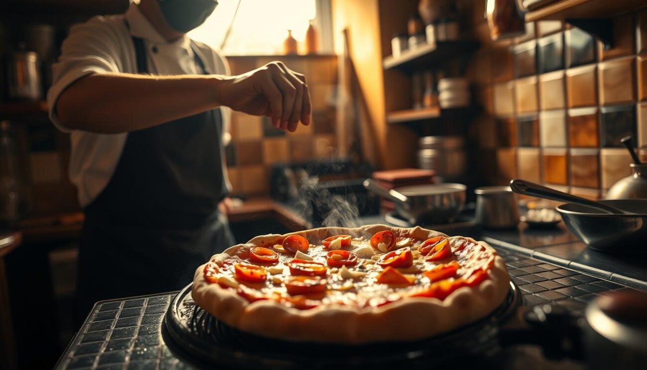 A cozy Italian kitchen, bathed in warm, golden light. In the foreground, a skilled chef delicately assembles a traditional Pizz'e rann, carefully layering the dough, cheese, and savory ciccioli. The middle ground reveals the sizzling oil as the pizza is carefully fried to a crisp, golden perfection. In the background, the rustic, tiled walls and shelves stocked with Italian culinary essentials set the scene. The composition captures the care and attention to detail that goes into crafting this beloved regional delicacy, evoking the flavors and traditions of the Cilento region. A cozy Italian kitchen, bathed in warm, golden light. In the foreground, a skilled chef delicately assembles a traditional Pizz'e rann, carefully layering the dough, cheese, and savory ciccioli. The middle ground reveals the sizzling oil as the pizza is carefully fried to a crisp, golden perfection. In the background, the rustic, tiled walls and shelves stocked with Italian culinary essentials set the scene. The composition captures the care and attention to detail that goes into crafting this beloved regional delicacy, evoking the flavors and traditions of the Cilento region.