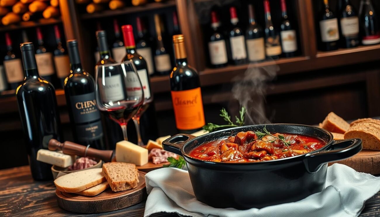 A cozy Italian wine bar setting with a selection of fine red wines, a hearty duck ragù simmering in a cast-iron pot, and an assortment of artisanal cheeses, cured meats, and rustic bread. Soft, warm lighting illuminates the scene, casting a inviting glow. The background features dark, wooden shelves stocked with bottles of premium vintages, while the foreground showcases the rich, savory duck ragù with its deep burgundy hue, garnished with fresh herbs. The overall atmosphere evokes the comforts of a traditional Italian trattoria, perfectly suited to showcase the perfect pairing of this robust, flavorful ragù with the right selection of Italian wines.