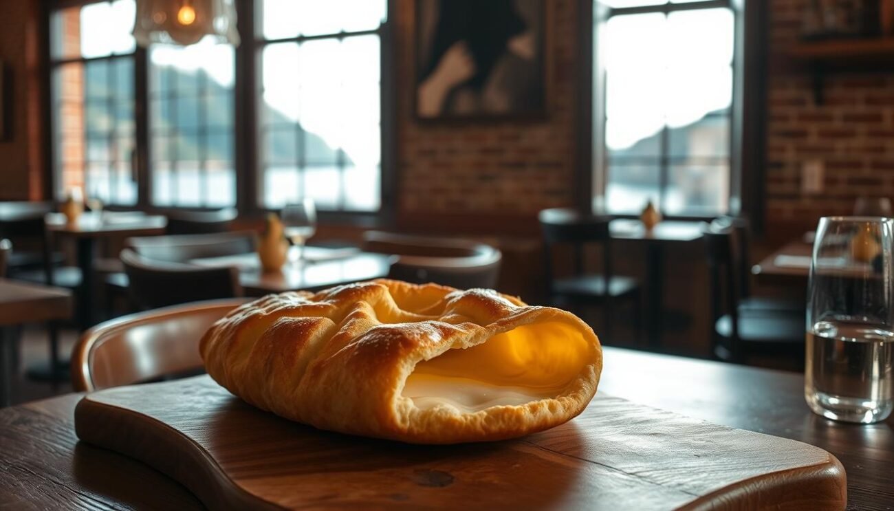 A cozy Ligurian restaurant setting, the golden-hued focaccia di Recco glistening on a wooden serving board. Thin, crisp, and filled with melted, creamy stracchino cheese, the focaccia is the centerpiece, illuminated by soft natural lighting filtering through large windows overlooking the picturesque Italian coastal landscape. The warm, inviting atmosphere is accentuated by rustic wooden tables, exposed brick walls, and gentle mood lighting, creating an authentic, immersive experience for the diner to savor this beloved Ligurian specialty.
