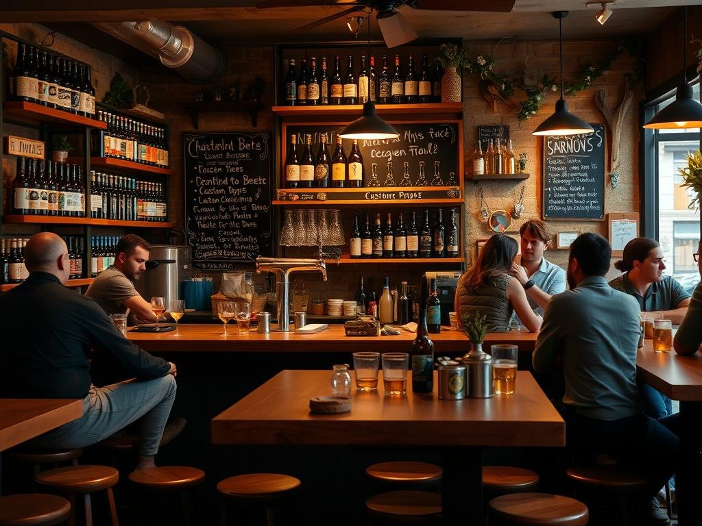 A cozy and inviting craft beer bar, with wooden tables and stools, and shelves displaying a variety of artisanal beer bottles. In the center, a bartender carefully pours a fresh, foamy brew, while patrons chat and sample different varieties. The lighting is warm and soft, creating a relaxed, convivial atmosphere. The bar is adorned with subtle, handcrafted decorations that reflect the rustic, Italian-inspired aesthetic. In the background, a chalkboard menu lists the rotating selection of custom-made, specialty beers. The overall scene evokes the charm and creativity of the independent, local brewing scene in Italy. A cozy and inviting craft beer bar, with wooden tables and stools, and shelves displaying a variety of artisanal beer bottles. In the center, a bartender carefully pours a fresh, foamy brew, while patrons chat and sample different varieties. The lighting is warm and soft, creating a relaxed, convivial atmosphere. The bar is adorned with subtle, handcrafted decorations that reflect the rustic, Italian-inspired aesthetic. In the background, a chalkboard menu lists the rotating selection of custom-made, specialty beers. The overall scene evokes the charm and creativity of the independent, local brewing scene in Italy.