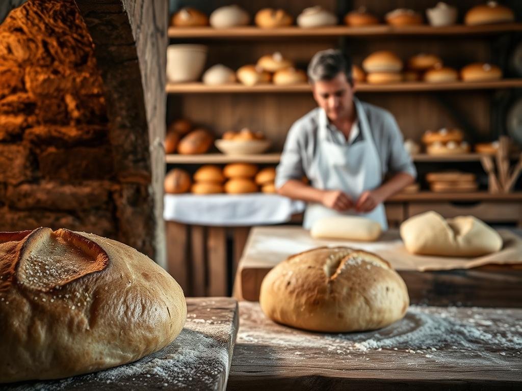 A cozy, artisanal bakery scene showcasing the versatile uses of tender wheat flour. In the foreground, freshly baked bread emerges from a rustic wood-fired oven, its golden crust glistening under soft, diffused lighting. In the middle ground, a skilled baker kneads dough on a well-worn wooden table, their hands working the supple texture. Behind them, shelves display an array of baked goods - from fluffy brioche to delicate pastries, each item a testament to the flour's versatility. The atmosphere is warm and inviting, with muted tones and a sense of traditional craftsmanship, capturing the essence of the Marche region's renowned tender wheat flour and its applications in baking and cuisine. A cozy, artisanal bakery scene showcasing the versatile uses of tender wheat flour. In the foreground, freshly baked bread emerges from a rustic wood-fired oven, its golden crust glistening under soft, diffused lighting. In the middle ground, a skilled baker kneads dough on a well-worn wooden table, their hands working the supple texture. Behind them, shelves display an array of baked goods - from fluffy brioche to delicate pastries, each item a testament to the flour's versatility. The atmosphere is warm and inviting, with muted tones and a sense of traditional craftsmanship, capturing the essence of the Marche region's renowned tender wheat flour and its applications in baking and cuisine.
