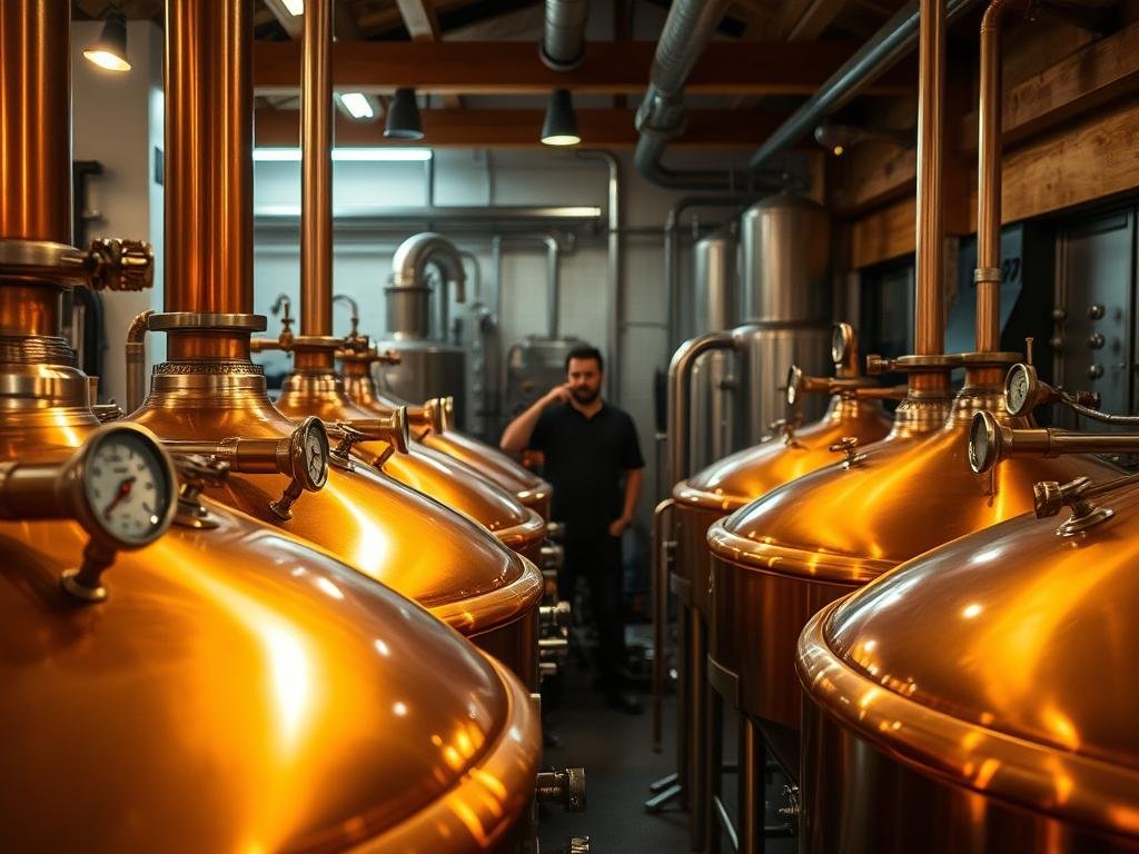 A cozy brewery interior, with gleaming copper fermentation tanks in the foreground. Soft, warm lighting casts a gentle glow, highlighting the intricate temperature control gauges and valves. In the middle ground, a brewer carefully monitors the readouts, ensuring the perfect conditions for each beer style. The background is a blend of modern equipment and rustic wooden beams, creating a harmonious balance between tradition and technology. The overall atmosphere conveys a sense of precision, craftsmanship, and the artistry of beer making.