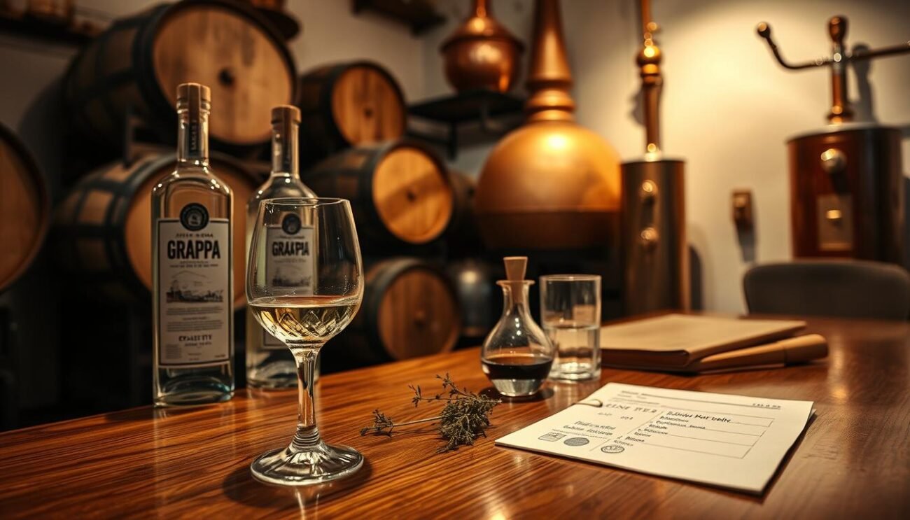 A cozy, dimly lit Italian tasting room with a polished wooden table showcasing a selection of artisanal grappa bottles. In the foreground, a hand-blown crystal glass filled with the clear, aromatic spirit, waiting to be savored. On the table, a sprig of fragrant herbs, a small carafe of water, and a tasting notebook inviting the discerning drinker to delve into the nuances of this iconic Italian distillate. The walls are adorned with rustic wine barrels and antique copper stills, creating an atmosphere of tradition and craftsmanship. Soft, warm lighting casts a cozy glow, setting the stage for an intimate grappa tasting experience.