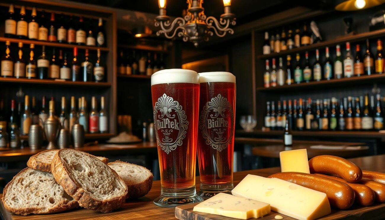 A cozy, dimly lit brasserie interior, with a rustic wooden bar and shelves stocked with an array of artisanal beer bottles. On the bar, a pair of ornate, etched glassware filled with a rich, amber-hued doppelbock, their foam crowns reflecting the warm, soft lighting. Alongside the beers, an assortment of complementary food pairings - slices of hearty rye bread, creamy cheese, and pungent sausages. The scene evokes the comforting, convivial atmosphere of a traditional Bavarian beer hall, inviting the viewer to savor the robust flavors and immerse themselves in the culture of this iconic German beer style.