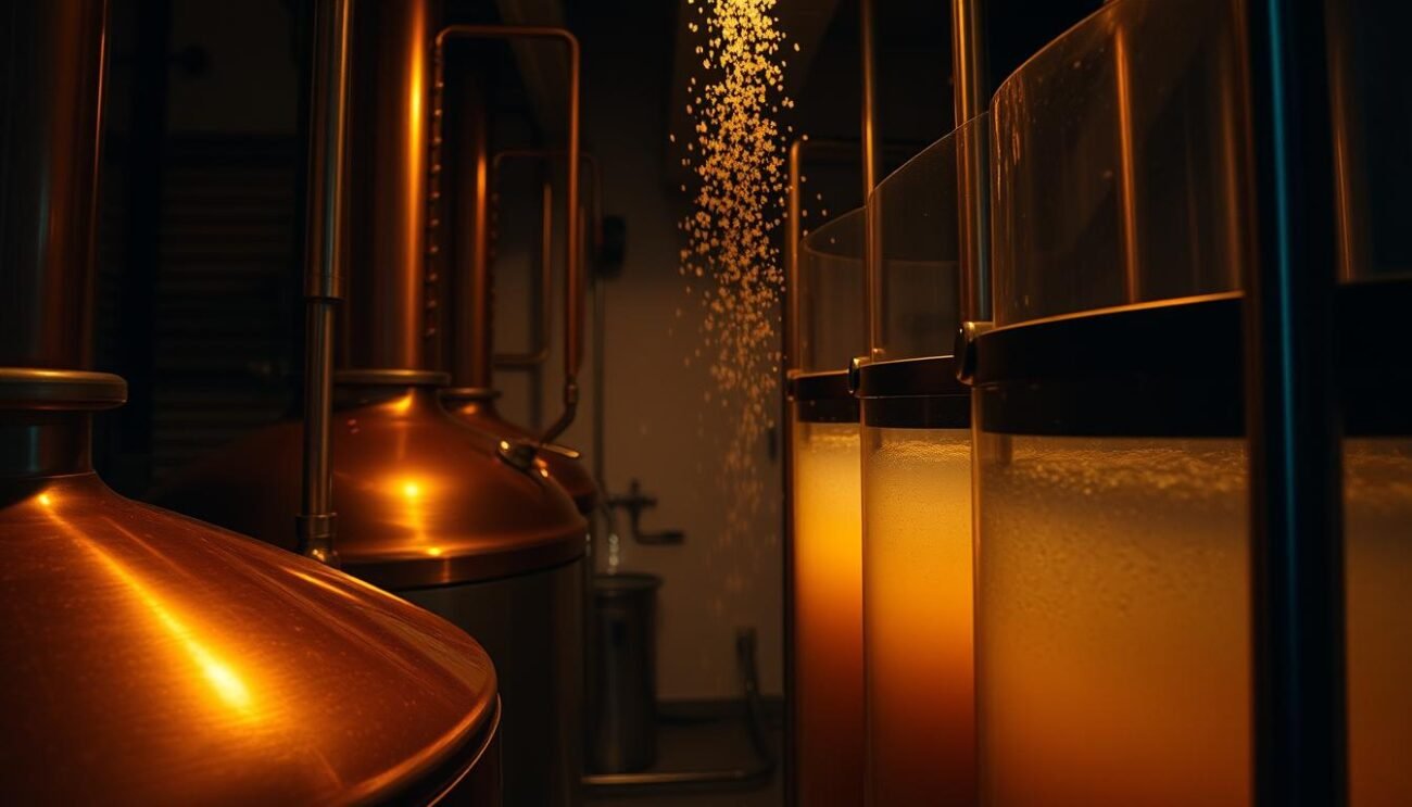 A cozy, dimly lit brewery interior, with copper brewing vessels and tanks. Yeast actively fermenting, creating gentle bubbles and a hazy, golden liquid. Warm, mellow lighting casts a soft glow, highlighting the intricate details of the equipment and the natural process unfolding. A sense of artisanal craftsmanship and patience pervades the scene, reflecting the important role of yeast in shaping the unique flavors of craft beer styles like Weizen and Saison. A cozy, dimly lit brewery interior, with copper brewing vessels and tanks. Yeast actively fermenting, creating gentle bubbles and a hazy, golden liquid. Warm, mellow lighting casts a soft glow, highlighting the intricate details of the equipment and the natural process unfolding. A sense of artisanal craftsmanship and patience pervades the scene, reflecting the important role of yeast in shaping the unique flavors of craft beer styles like Weizen and Saison.