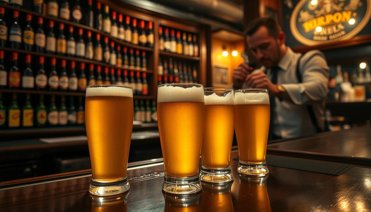A cozy, dimly lit pub interior with a gleaming wooden bar and shelves of neatly arranged beer bottles. On the bar, a trio of frosted beer glasses filled with golden-hued lagers, their temperatures carefully calibrated. The ambient lighting casts a warm, inviting glow, setting the mood for an intimate beer tasting experience. Bartenders in crisp, white shirts move with precision, ensuring each glass is served at the optimal temperature for the style. The scene evokes a sense of tradition, knowledge, and appreciation for the art of beer service.