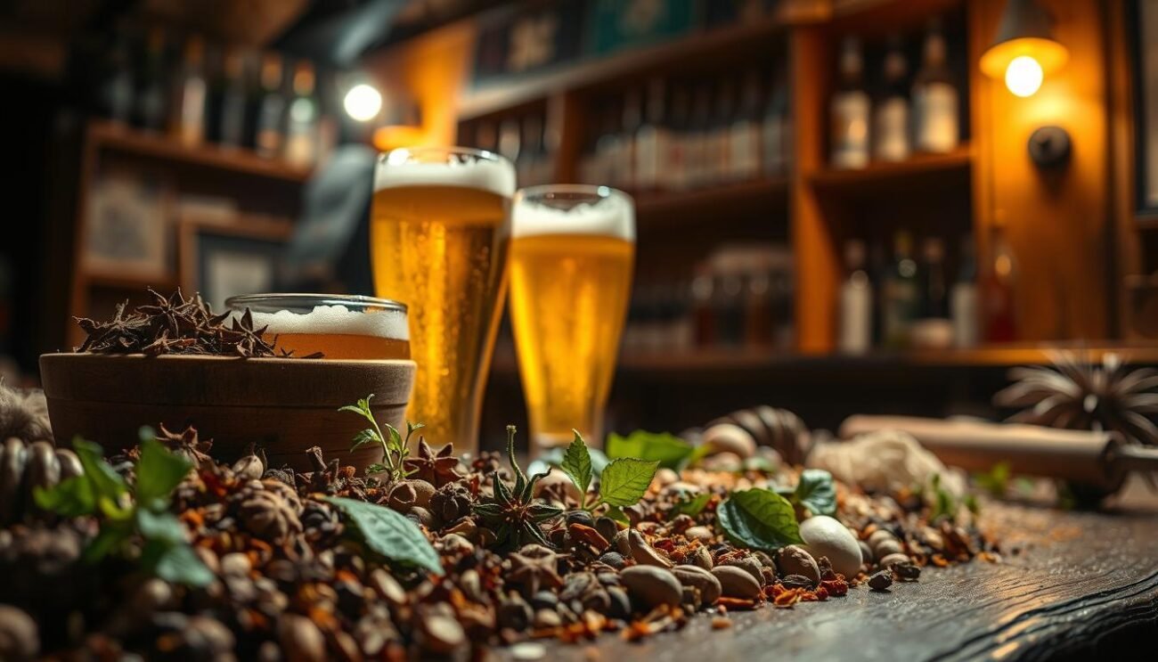 A cozy, dimly lit pub setting featuring an array of aromatic beer ingredients. In the foreground, an assortment of whole spices, herbs, and botanicals are artfully arranged, their vibrant colors and textures highlighting the complexity of craft beer flavors. In the middle ground, a selection of beer glasses filled with golden, effervescent liquid, their heads releasing delicate, fragrant aromas. The background depicts a warm, rustic wooden bar, with subtle lighting casting a soft, inviting glow, evoking the convivial atmosphere of a traditional European beer hall. The overall scene conveys the richness and diversity of the yeasted, aromatic profiles that define iconic beer styles like Weizen and Saison. A cozy, dimly lit pub setting featuring an array of aromatic beer ingredients. In the foreground, an assortment of whole spices, herbs, and botanicals are artfully arranged, their vibrant colors and textures highlighting the complexity of craft beer flavors. In the middle ground, a selection of beer glasses filled with golden, effervescent liquid, their heads releasing delicate, fragrant aromas. The background depicts a warm, rustic wooden bar, with subtle lighting casting a soft, inviting glow, evoking the convivial atmosphere of a traditional European beer hall. The overall scene conveys the richness and diversity of the yeasted, aromatic profiles that define iconic beer styles like Weizen and Saison.